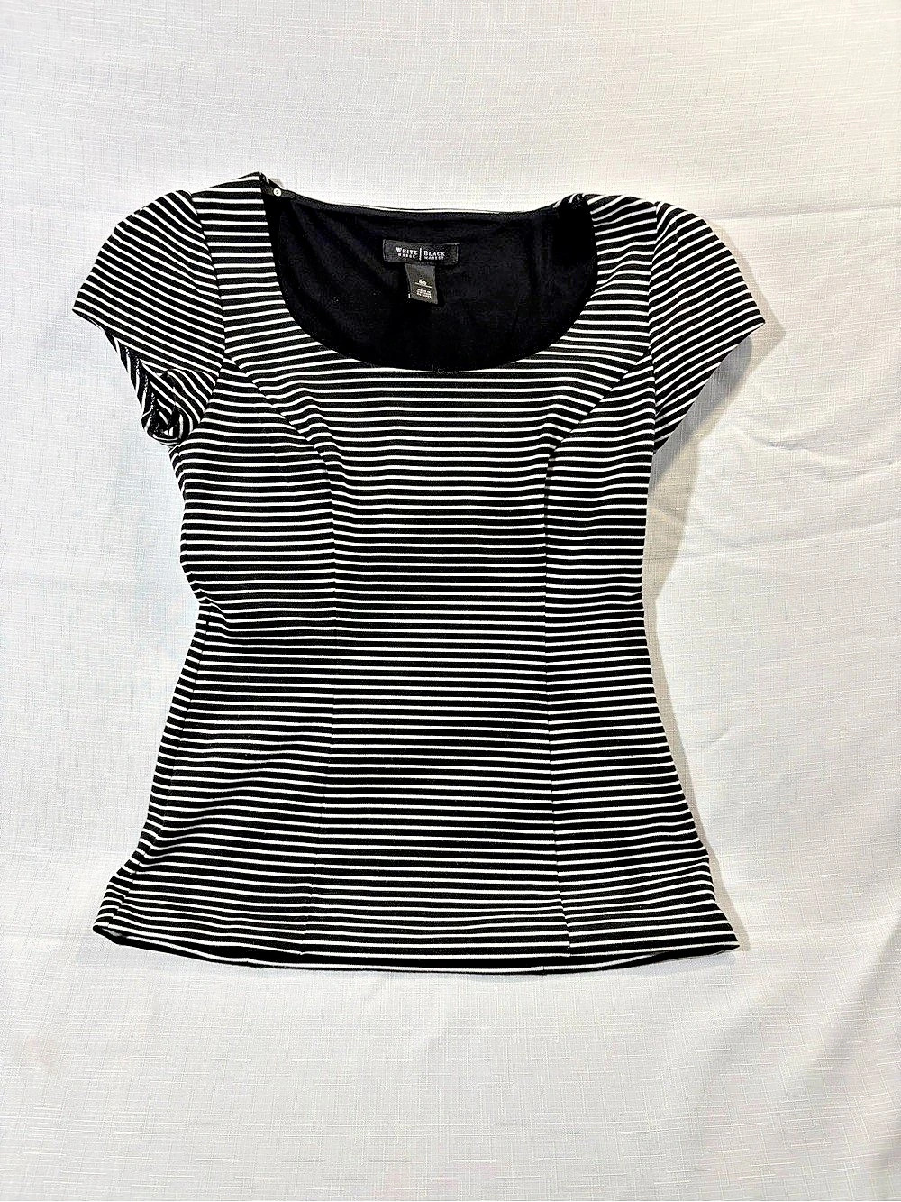 White House Black Market Black and White Striped Scoop Neck Cap Sleeve Top